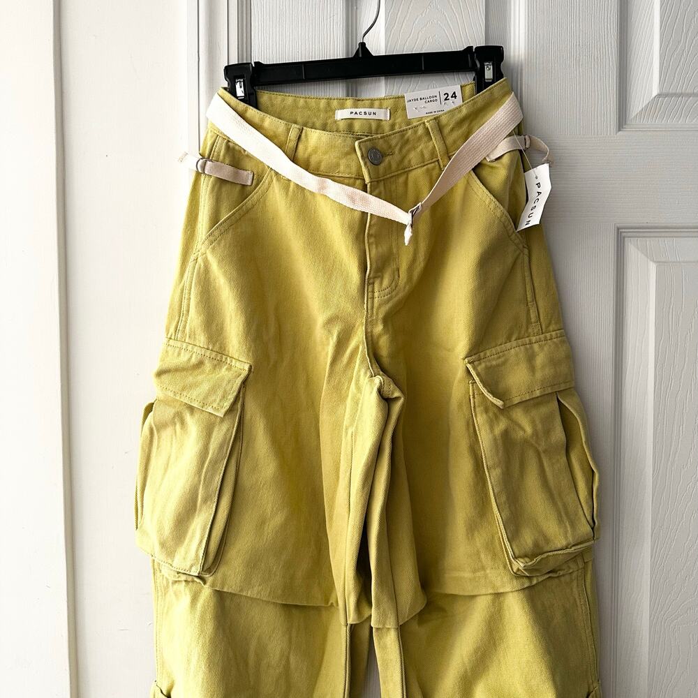 PacSun NWT Jayde Balloon Cargo Yellow Baggy Pants Waist 24 New With Canvas Belt - Picture 7 of 14